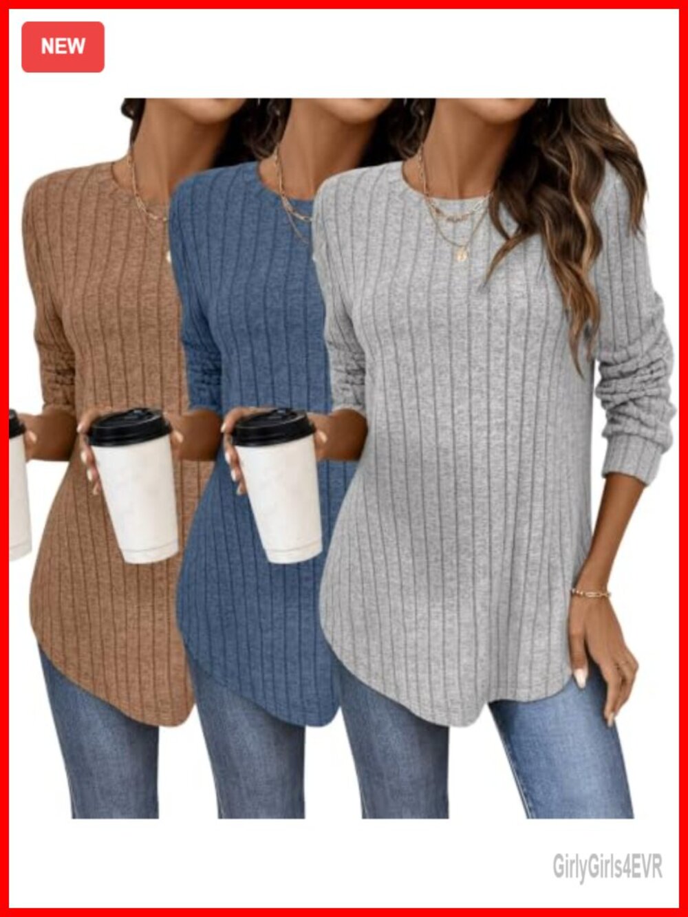 Womens 3 Pack Curved Hem Long Sleeve Tunic Tops Fall Layering Shirts